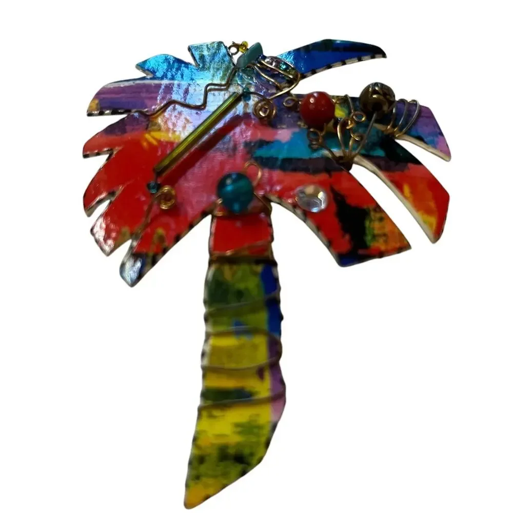 Palm Tree Brooch PIN Wire & Beads On Paper Signed By AR Tickles 1995 Coconuts